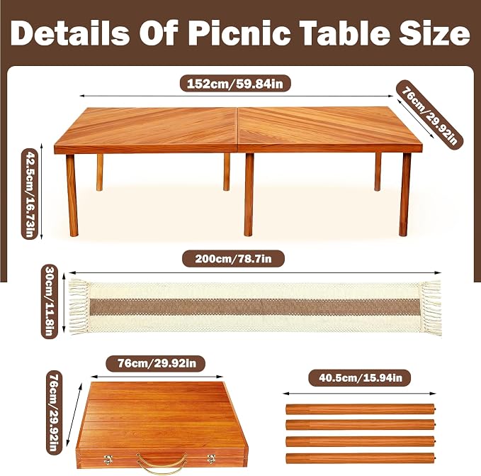 60x30in Boho Wooden Foldable Picnic Table, Portable Outdoor Low Table for Sitting On The Floor with Legs,for 6-8 People,Ideal for Camping, Garden,Party,Picnics & Parties,Logcolor (Brown)