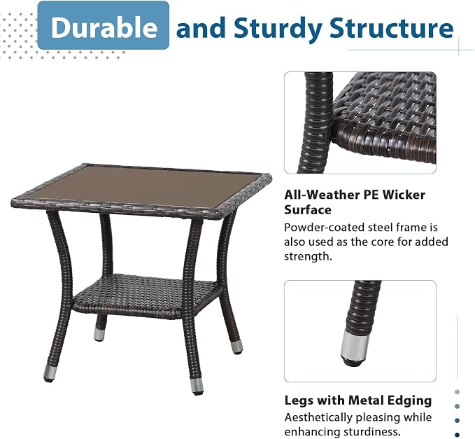 Super Patio Outdoor Side Table, 20" Square Wicker End Table, Tempered Glass Top Coffee Table with Storage, Aluminum Frame-Brown