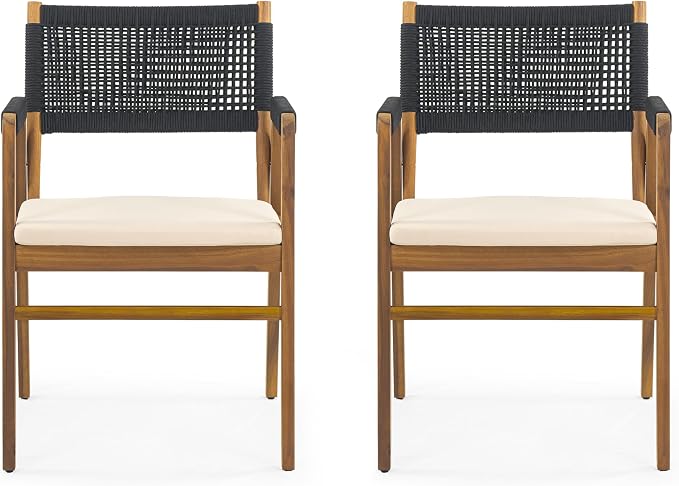 Christopher Knight Home 7 Piece Outdoor Dining Set, 70" Oval Acacia Wood Patio Table with 6 Rope Woven Dining Armchairs with Cushions, Teak Finish Outdoor Table and Chairs for Patio Deck Garden Dining
