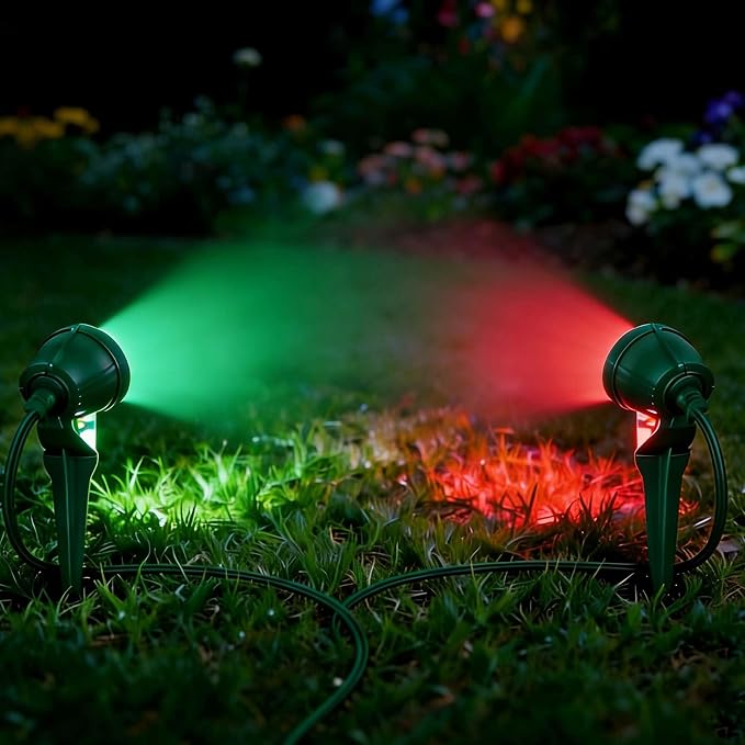 OSKOS LED Christmas Spotlight projectors, one-to-Two Y-Shaped Design, Outdoor Waterproof floodlights, Includes Two Additional Lenses (red and Green), Ground Stake, Suitable for Holiday Decorations
