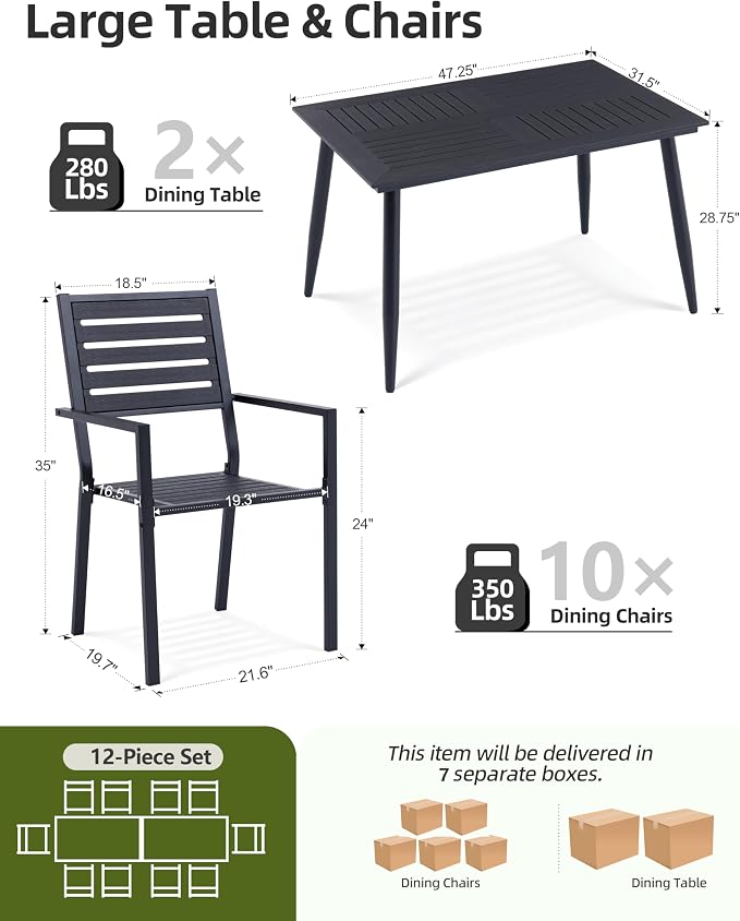 12-Piece Outdoor Dining Set - Two 47.25" HDPE Patio Tables and 10 Stackable Armrest Chairs - All-Weather Rust-Proof Steel Frame for Garden, Deck(Black)