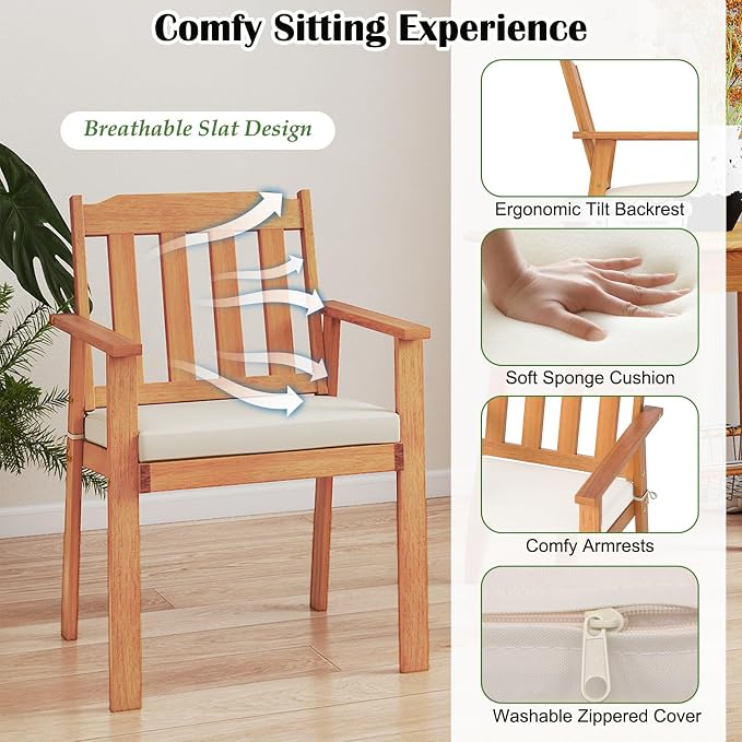 Tangkula 6 Pieces Patio Dining Table Set, 63” Rectangle Acacia Wood Table with Umbrella Hole and 4 Cushioned Armchairs and Backless Bench, Outdoor Dinette Furniture for Garden Yard Kitchen