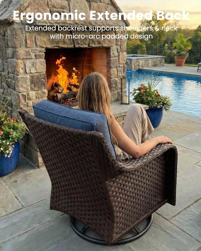 7 Pieces Outdoor Furniture Set with 6-inch Cushions, High Back Wicker Swivel Rocker Chairs with Coffee Table, Luxury Conversation Set for Deck Patio and Poolside