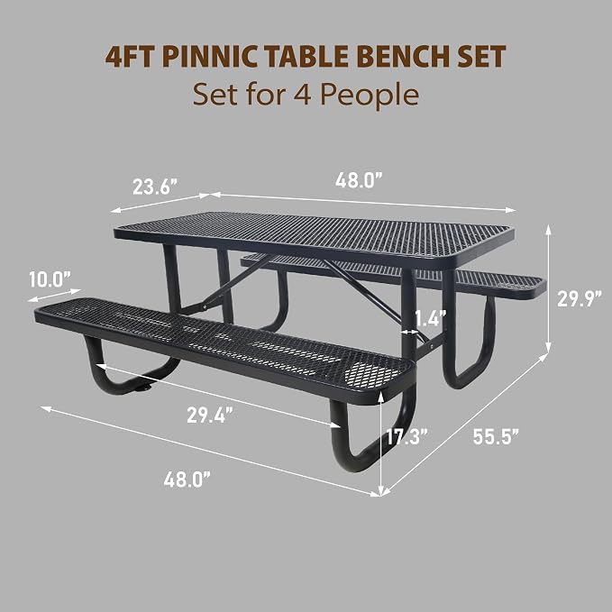 4FT Rectangular Metal Picnic Table for Outdoors, Commercial Steel Metal Picnic Tables, Heavy Duty Sturdy Picnic Tables Furniture Set for Patio Garden Courtyard BBQ, with Umbrella Hole, Black