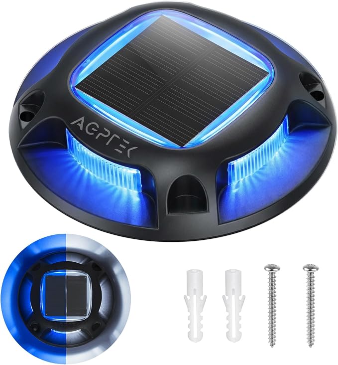 AGPTEK Solar Driveway Light Outdoor 1 Pack, 2 Color Modes LED Deck Dock | Marine Waterproof Driveway Marker Lights for Step Sidewalk Stair Garden Pathway Walkway Yard (Blue Light/Cool White, Black)