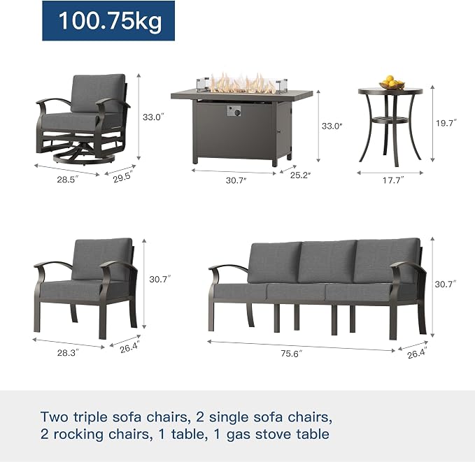 Kullavik Aluminum Patio Furniture Set,8 Piece Modern Metal Outdoor Patio Furniture w/5.1'' Thick Cushion,Swivel Chairs and 45" Propane Fire Pit Table,Patio Conversation Sets for Porch,Deck,Grey