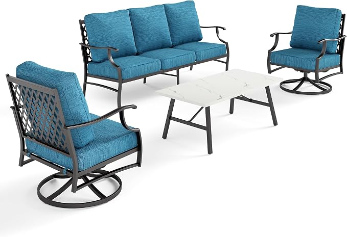 SUNSHINE VALLEY 4 Piece Metal Outdoor Patio Furniture Set, Patio Conversation Sets 3-seater Sofa, 2 Swivel Chair with 5.75" Extra Thick Cushion and Coffee Table, Black Frame Backyard Furniture, Blue-2
