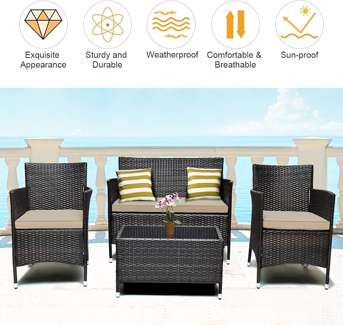 COSTWAY 8PCS Rattan Patio Furniture Set | Outdoor Wicker Rattan Chairs with Coffee Table, Rattan Cushioned Conversation Set for Backyard Balcony Poolside, Brown
