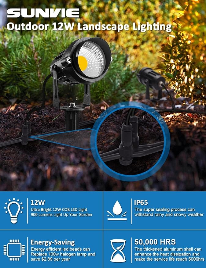 SUNVIE 12W LED Landscape Lighting Low Voltage (AC/DC 12V) Waterproof Garden Pathway Lights Super Warm White (900LM) Walls Trees Flags Outdoor Spotlights with Spike Stand (4 Pack) | 12-24V 3000K Waterproof 900LM Yard Pathway Garden Lights Wired Wall Tre...
