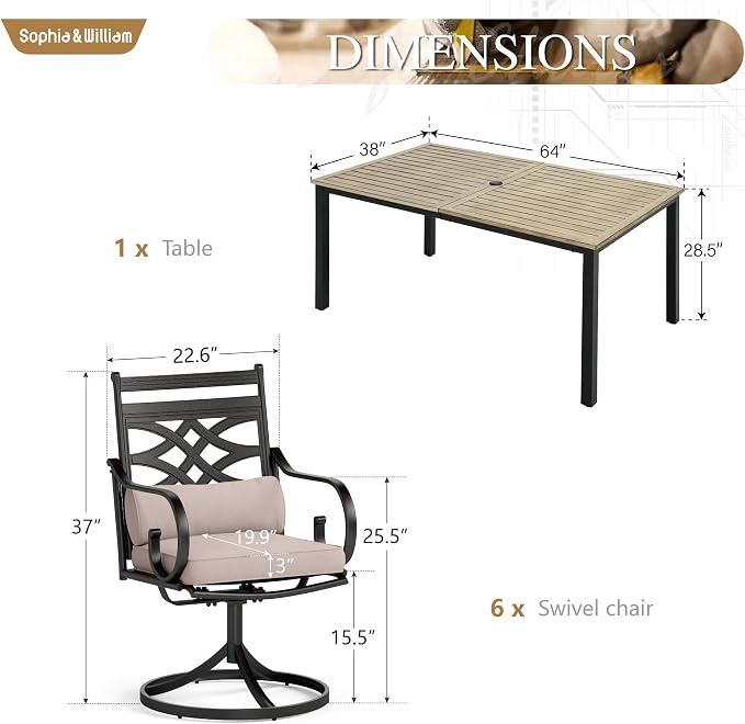 Sophia & William Patio Dining Set, Metal Top Wood Texture-64 | Steel, Umbrella Hole, Swivel Chairs, E-Coated, Cushions Included, For Patio, Garden and Yard