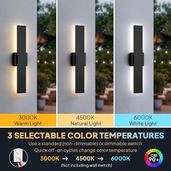2 Pack LED Outdoor Wall Lights, 3CCT & 10%-100% Dimmable, 23.6" Linear Exterior Light Fixtures, IP65 Waterproof Outside Sconces for Porch Patio Garage House Facade