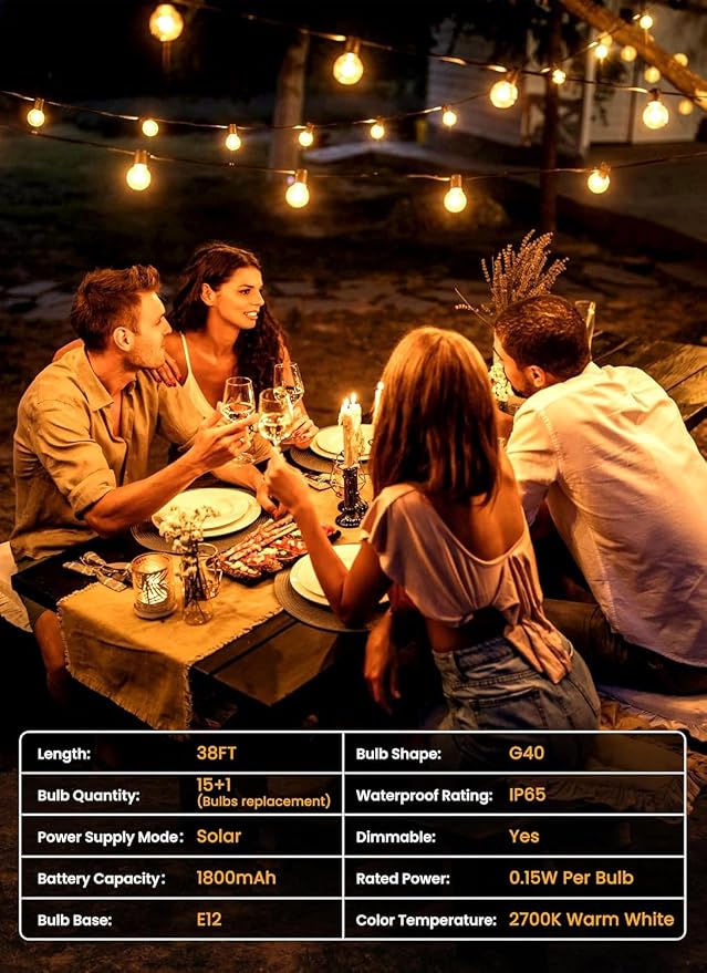 Brightown 38FT 16LED Solar String Lights Outdoor with USB Port | Shatterproof Bulbs, Dimmable & Timable, 3 Modes, Solar Patio Lights with a Mount Clip for Camping Backyard Garden Decor