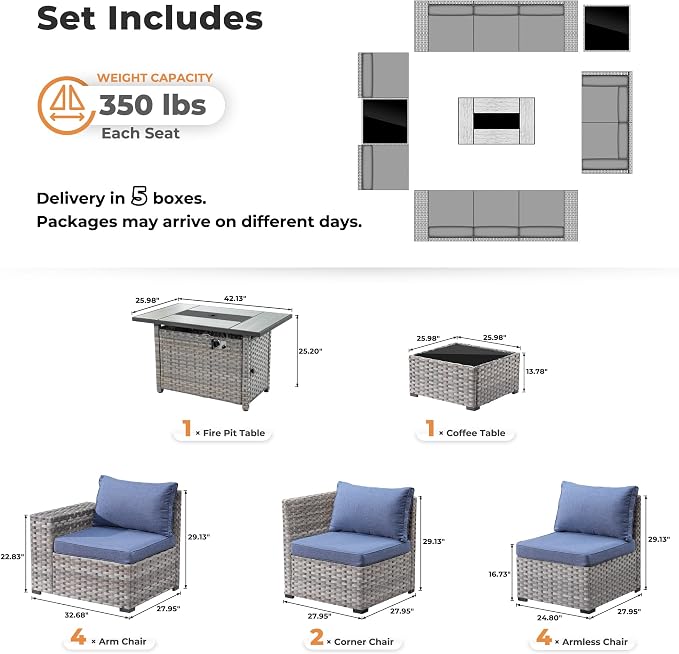 ovios 13 Pieces Patio Furniture Set, Outdoor Wicker Sectional Sofa with 42 Inch Fire Pit Table Comfy Cushions, Modern Modular Deep Seat Rattan Couch Conversation Set, Denim Blue