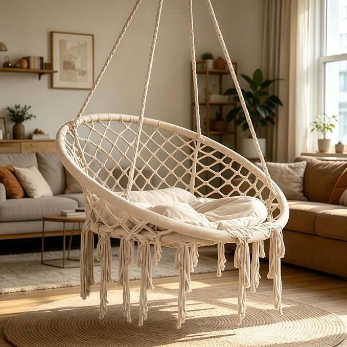 Light Beige Macrame Hammock, Stand-Free Hammock Without Stand, Cotton Porch Swing for Balcony Bedroom Homestay Garden Daily Relax Furniture