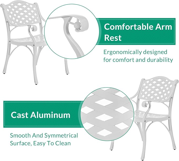 VIVIJASON 3-Piece Patio Furniture Dining Set, All-Weather Cast Aluminum Outdoor Bistro Set, Include 2 Dining Chairs and 31" Round Table w/ 2" Umbrella Hole for Balcony, Lawn, Garden, Backyard, White