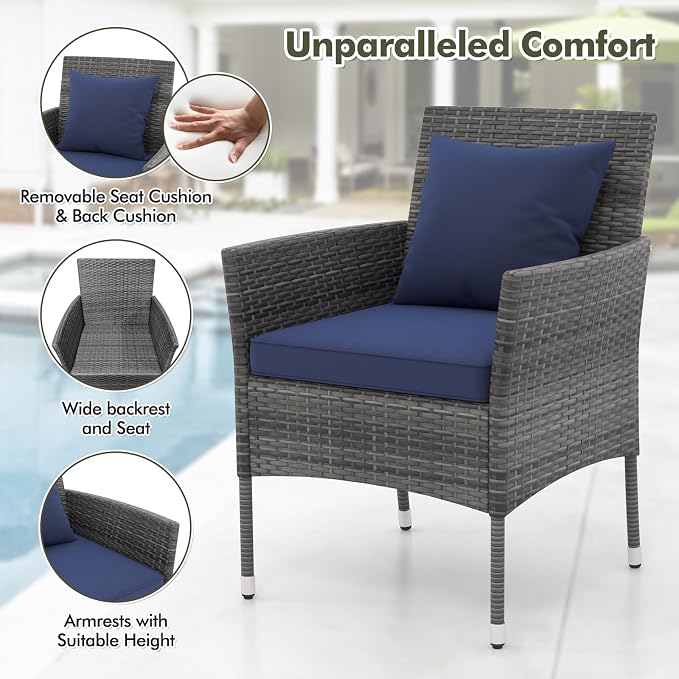 DORTALA Wicker Patio Furniture Set 3 Piece, Small Outdoor Table & Chairs with Tempered Glass Tabletop, Cushions, Rattan Conversation Bistro Set for Balcony, Porch, Backyard, Deck, Mix Gray+Navy