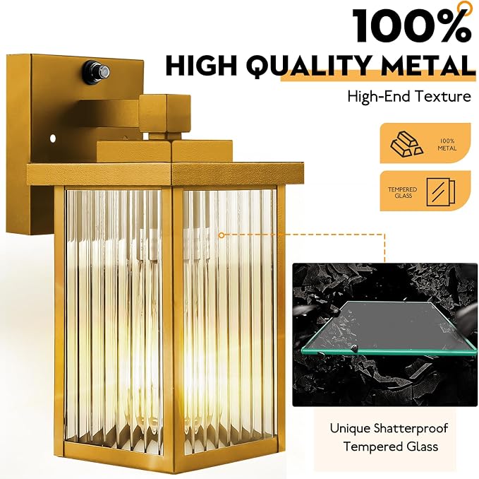 Gold Dusk to Dawn Wall Mount Porch Lights, Exterior Light Fixtures | Auto On and Off, Anti-Rust Metal Frame, Tempered Glass, E26 Socket, Easy DIY Install on Porch, Garage