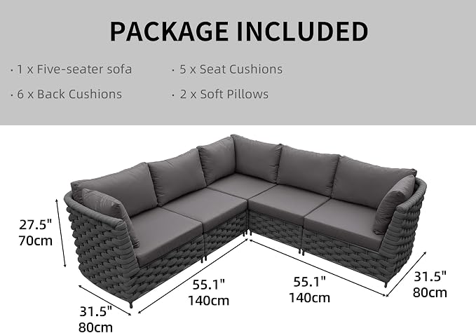 TWT 5-Piece Modular Outdoor Sectional Sofa Set, 5-Seater Woven Rope Patio Conversation Couch with Water-Resistant Cushions, for Backyard Balcony Deck, Dark Gray