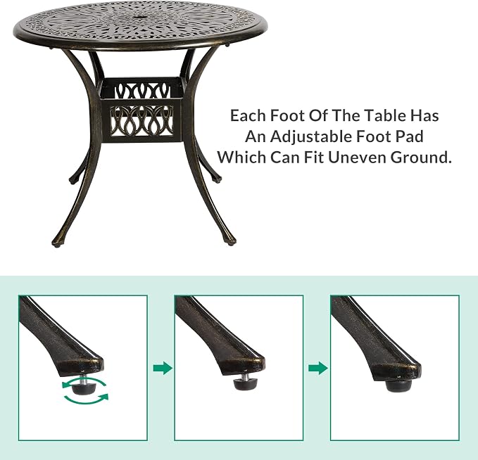 VIVIJASON 35.4" Outdoor Patio Dining Round Table Bronze Cast Aluminum Rustic Large Patio Table with Umbrella Hole