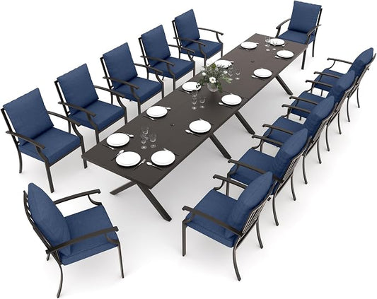 Gotland 14 Piece Outdoor Dining Set, Metal Outdoor Table and Chairs with X-Shaped Legs 1.5" Umbrella Hole, Patio Furniture Set with Waterproof Cushions, Patio Dining Sets for Backyard Deck Navy
