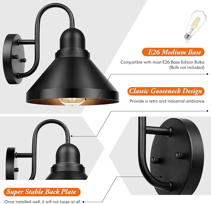 Gooseneck Outdoor Light Fixtures, 2-Pack Farmhouse Barn Lights for Porch, Industrial Black Exterior Wall Sconce for Garage, Patio, E26 Base Anti-Rust, Bulb not Included