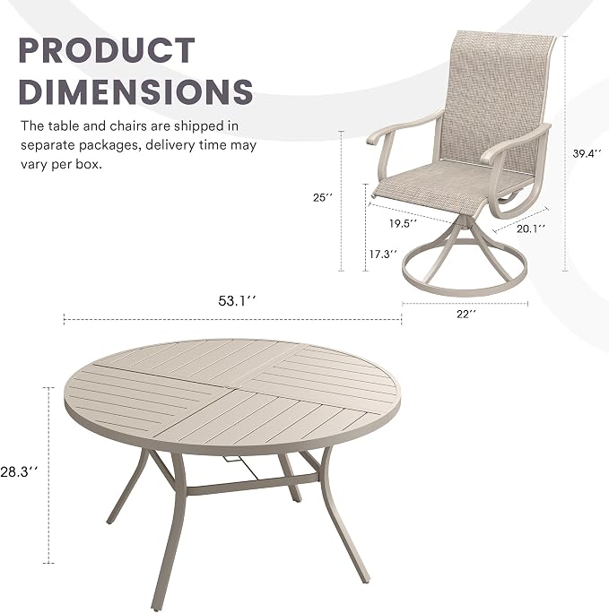 7 Pieces Patio Furniture Dining Set, 6 Textilene Swivel Dining Chairs, 53" Outdoor Round Metal Table with 1.57" Umbrella Hole, Outdoor Dining Set for Porch, Lawn, Garden, Sand/Sand
