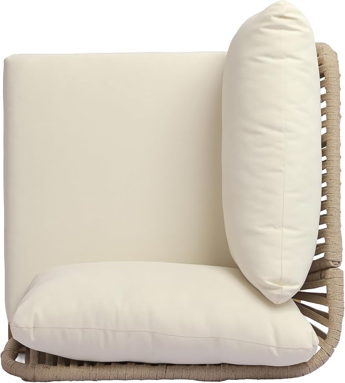 Christopher Knight Home John 4 Piece Patio Furniture Set with Slatted Coffee Table, Outdoor Sofa Set with Rope Back & Cushions, Modern Acacia Wood Sectional Conversation Set, Beige+Cream+Light Teak