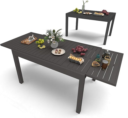 All Aluminum Expandable Patio Dining Table for 6-8 People, Extendable Outdoor Dining Room Table, All Weather Patio Furniture, Rectangular Metal Table with Adjustable Width 59"- 89", Dark Brown