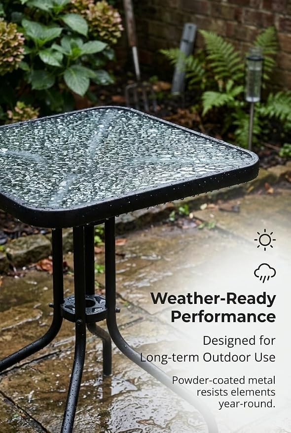 Outdoor Square Glass Patio Table, Tempered Glass Top Bistro Table with Rust-Resistant Metal Frame, Small Coffee Table for Balcony, Garden, Patio