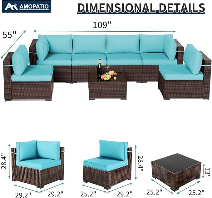 Amopatio Patio Furniture Sets with Waterproof Cover 7 Pieces Patio Conversation Set Outdoor Sectional Wicker Rattan Sofa,Patio Furniture with Pillows Fits Porch Garden Backyard Balcony(Sky-Blue)