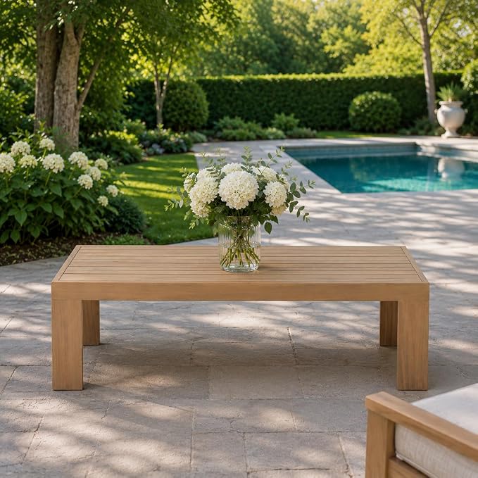 Christopher Knight Home Evan 14.96" Height Outdoor Coffee Table, Acacia Wood Accent Table with Slatted Panel Design, Modern Patio Table for Garden Balcony, Low Maintenance Patio Furniture, Light Teak