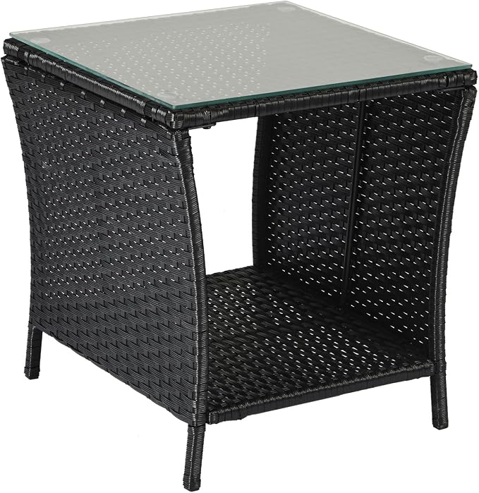 Wicker Rattan Side Table,Outdoor Patio Wicker Side Table, Square End Table Bistro Coffee Table with Glass Top Storage Shelf for Porch Garden Backyard Black