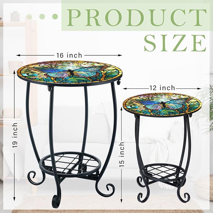 Cinnvoice 2 Pcs Outdoor Side Table Small Patio Round Mosaic Accent End Table Indoor Plant Metal Coffee Tea Tables for Patio Yard Porch Garden Living Room(12" and 16",Butterfly Style)