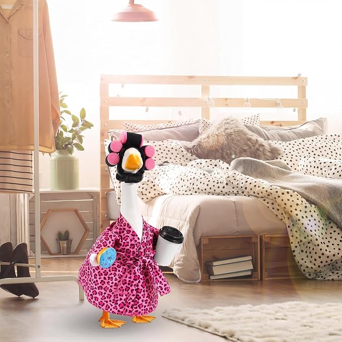 Shyyween Lady Porch Goose Outfit for 23'' Cement Plastic Lawn Goose Statue Clothes Pink Leopard Bathrobe Coffee Cup Curlers for Outdoor Garden Yard Patio Decoration