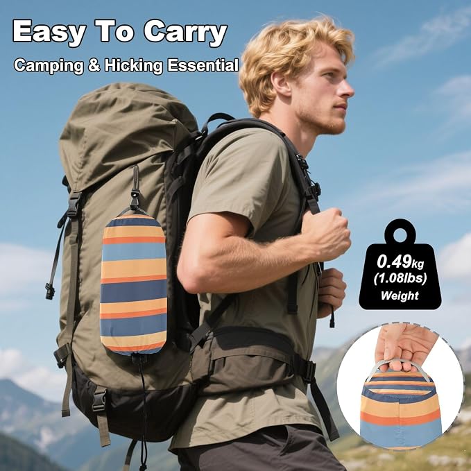 Camping Hammock Outdoor Hammocks for Outside Stripe Blue Orange Beach Trees Portable Lightweight with Pockets Tree Straps Indoor