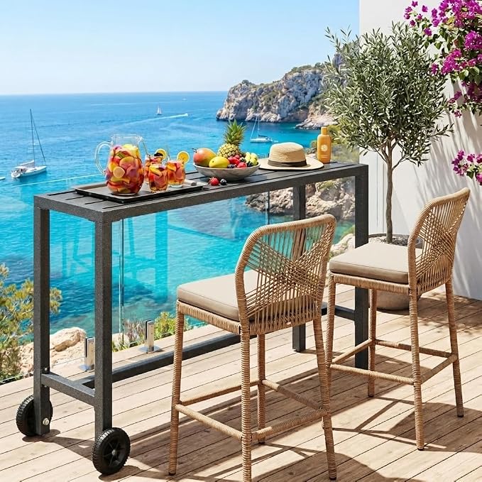 YITAHOME Outdoor Bar Table with Wheels, 55" Metal Patio Bar Height Table, Narrow Rectangle Console Table for Balcony Garden Poolside, Silver Bottom Texture