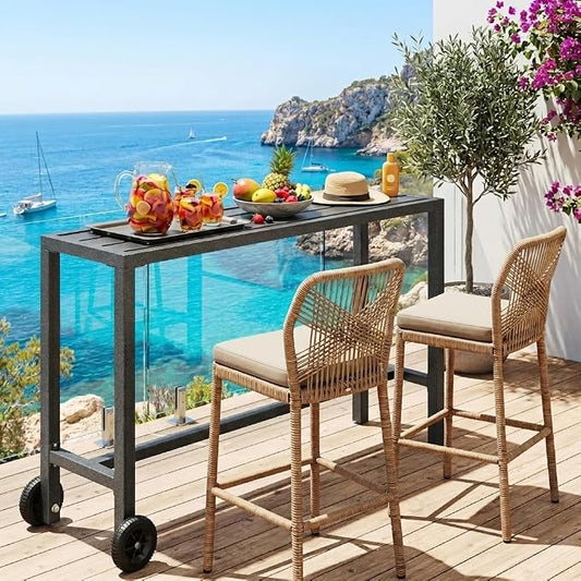 YITAHOME Outdoor Bar Table with Wheels, 55" Metal Patio Bar Height Table, Narrow Rectangle Console Table for Balcony Garden Poolside, Silver Bottom Texture