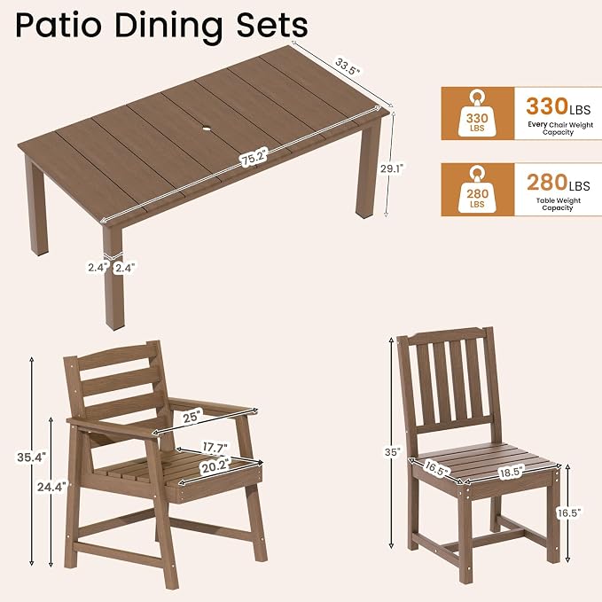 LOUNZY 5 Piece Outdoor Dining Set for 4, HDPE Patio Furniture, Brown | 4 person patio set, eco-friendly HDPE, Space-saving heat resistant surface, family friendly outdoor dining solution
