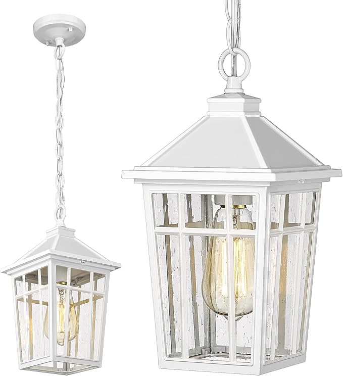 Darkaway Outdoor Pendant Light Fixture, Outdoor Hanging Light Porch Lights Fixtures Anti-Rust Waterproof Aluminum with Seeded Glass for Porch Entryway Doorway Farmhouse White