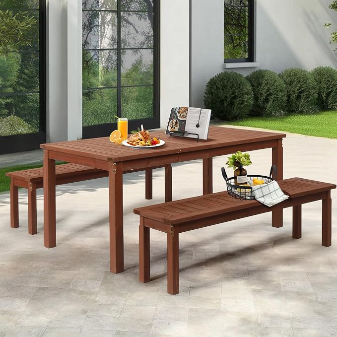 Outvita 3 Piece Outdoor Dining Set, Wood Patio Table and Benches, Indoor Outdoor Patio Furniture for Backyard, Poolside, Entryway, Porch