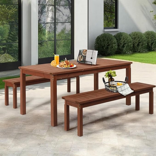 Outvita 3 Piece Outdoor Dining Set, Wood Patio Table and Benches, Indoor Outdoor Patio Furniture for Backyard, Poolside, Entryway, Porch