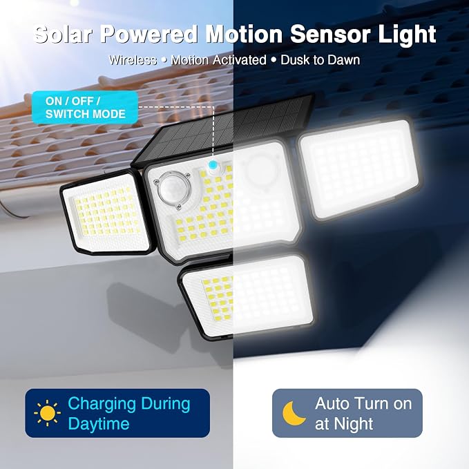 4500LM Solar Lights Outdoor Waterproof, 254 LED Solar Flood Lights Outdoor with 2 Motion Sensor, 4 Heads Security Light for Yard Outside House Garage 2 Pack
