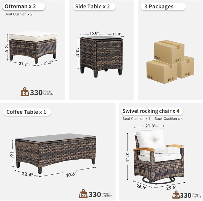 MEISSALIVVE 9 Pieces Outdoor Patio Furniture Sets,PE Wicker Patio Conversation Sets with 4 Wood Armrests Swivel Rocker Chairs，2 Ottoman and Coffee Table(Brown)