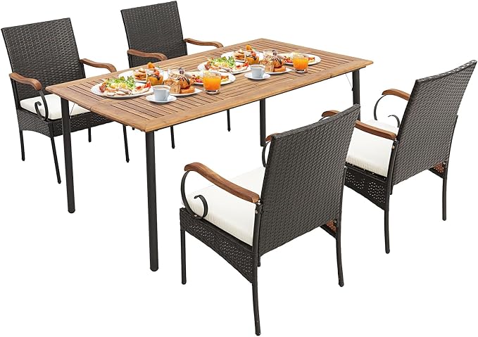 Tangkula 5-Piece Outdoor Dining Set with Acacia Wood Table & 4 Wicker Rattan Armrest Chairs, Detachable Cushions, Umbrella Hole, All-Weather Patio Conversation Furniture Set for Garden Deck Poolside