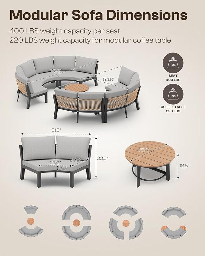 Outdoor Aluminum Round Coffee Table, All-Weather Patio Coffee Tables for Outside with PS Wood-Like Table Top, Modular Coffee Table for Backyard, Balcony, Deck, Yard, Graphite