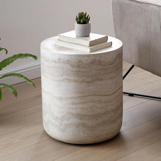 Faux Marble Round Side Table for Living Room Faux Stone Side Table End Tables Modern Travertine Circle End Tables for Apartment, No Need Assembly (Fiberglass-15.74'')