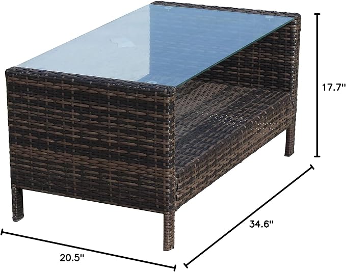 34.6" Patio Side Table, Large Rectangle Outdoor Coffee Table with Tempered Glass Top, Heavy Duty PE Rattan Wicker End Table, Patio Sofa Table for Backyard Deck Patio