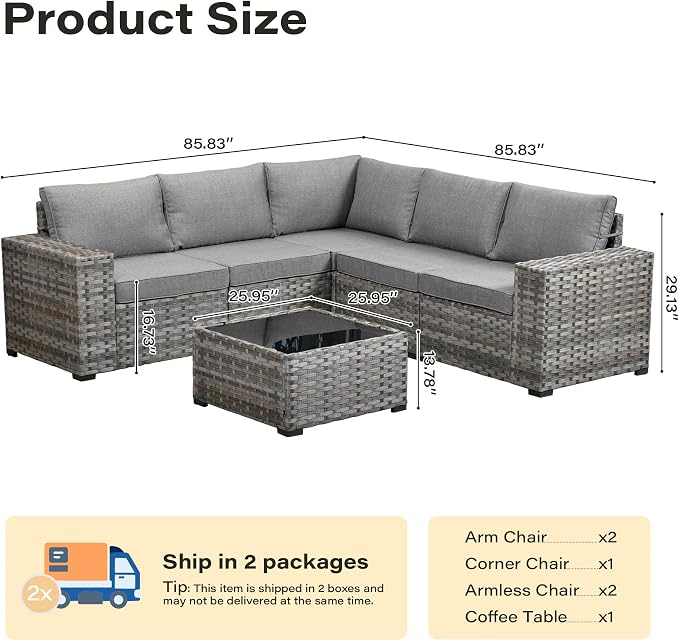 6 Pieces Patio Furniture Set, Wicker Outdoor Sectional Sofa with Coffee Table Comfy Cushions,Modern Modular Deep Seat Rattan Couch Conversation Set for Backyard Porch Yard,Dark Grey