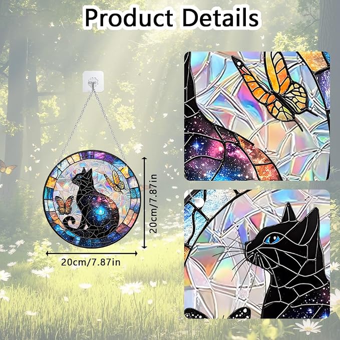 Acrylic Suncatcher Window Hanging, Cat & Butterfly Sun Catcher Rainbow Indoor Window Decoration for Living Room Bedroom Summer Home Balcony Ornaments, 7.87 inches