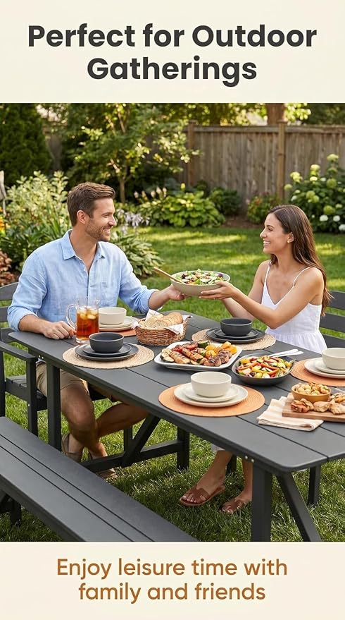 Amopatio HDPE Patio Outdoor Dining Table for 6 All Weather Rectangular Table with Umbrella Hole for Porch Deck Garden Backyard Poolside